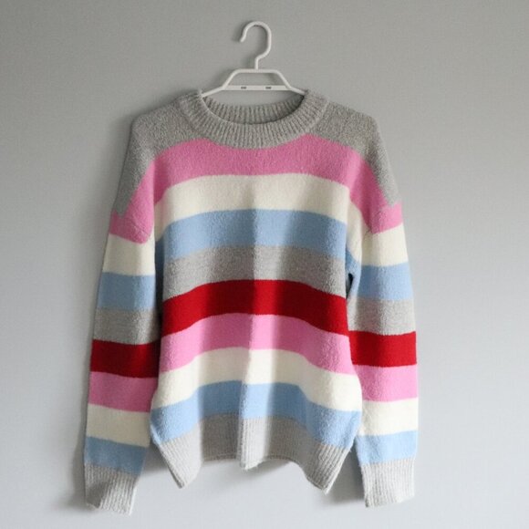 Bluenotes Women's Sz M Multicolored Striped Knit Crewneck Ribbed Stretch Sweater - Picture 1 of 10
